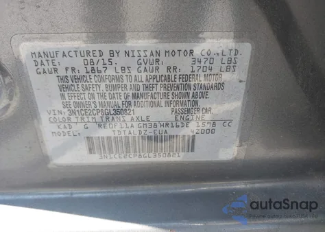 2016 Nissan Versa Note S (Sr)/S Plus/Sl/Sr/Sv z USA, uszkodzony, nr VIN 3N1CE2CP8GL350821